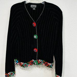Vintage Berek Cardigan Sweater Beaded Fringe Black MultiColor Chenille Size Med